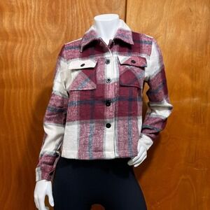 Flygo Women's Cropped Flannel Plaid Shacked Polyester Jacket Coat Size S